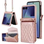 For Samsung Galaxy Z Flip7 5G Splicing Rhombic Texture Phone Case with Long & Short Lanyard, Not Included Pen(Rose Gold)