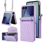 For Samsung Galaxy Z Flip7 5G Splicing Rhombic Texture Phone Case with Long & Short Lanyard, Not Included Pen(Purple)