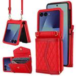 For Samsung Galaxy Z Flip7 5G Splicing Rhombic Texture Phone Case with Long & Short Lanyard, Not Included Pen(Red)