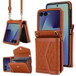 For Samsung Galaxy Z Flip7 5G Splicing Rhombic Texture Phone Case with Long & Short Lanyard, Not Included Pen(Brown)