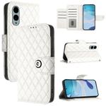 For Fujitsu Arrows We2 Plus F-51E Rhombic Texture Flip Leather Phone Case with Lanyard(White)