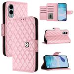 For Fujitsu Arrows We2 Plus F-51E Rhombic Texture Flip Leather Phone Case with Lanyard(Pink)
