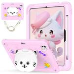 For iPad Pro 11 2024 Cat Holder Silicone Hybrid PC Tablet Case with Strap(Cherry Blossom Pink)