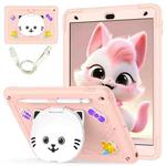 For iPad 10.2 2021 / 2020 / 2019 Cat Holder Silicone Hybrid PC Tablet Case with Strap(Rose Pink)