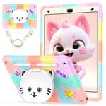 For iPad 10.2 2021 / 2020 / 2019 Cat Holder Silicone Hybrid PC Tablet Case with Strap(Colorful Rose Gold)