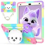 For iPad 10.2 2021 / 2020 / 2019 Cat Holder Silicone Hybrid PC Tablet Case with Strap(Colorful Purple)