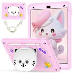 For iPad 10.2 2021 / 2020 / 2019 Cat Holder Silicone Hybrid PC Tablet Case with Strap(Cherry Blossom Pink)