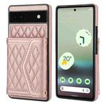 For Google Pixel 6a Splicing Rhombic Texture Card Bag Phone Case with Long Lanyard(Rose Gold)
