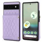 For Google Pixel 6a Splicing Rhombic Texture Card Bag Phone Case with Long Lanyard(Purple)