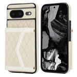 For Google Pixel 8 Splicing Rhombic Texture Card Bag Phone Case with Long Lanyard(Beige)