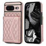 For Google Pixel 8 Splicing Rhombic Texture Card Bag Phone Case with Long Lanyard(Rose Gold)