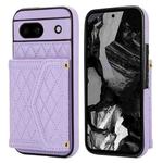For Google Pixel 8a Splicing Rhombic Texture Card Bag Phone Case with Long Lanyard(Purple)