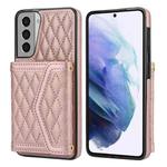 For Samsung Galaxy S21+ 5G Splicing Rhombic Texture Card Bag Phone Case with Long Lanyard(Rose Gold)
