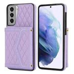 For Samsung Galaxy S21+ 5G Splicing Rhombic Texture Card Bag Phone Case with Long Lanyard(Purple)