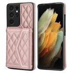 For Samsung Galaxy S21 Ultra 5G Splicing Rhombic Texture Card Bag Phone Case with Long Lanyard(Rose Gold)