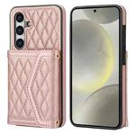 For Samsung Galaxy S24 5G Splicing Rhombic Texture Card Bag Phone Case with Long Lanyard(Rose Gold)