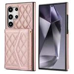 For Samsung Galaxy S24 Ultra 5G Splicing Rhombic Texture Card Bag Phone Case with Long Lanyard(Rose Gold)