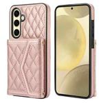 For Samsung Galaxy S24 FE 5G Splicing Rhombic Texture Card Bag Phone Case with Long Lanyard(Rose Gold)