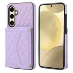For Samsung Galaxy S24 FE 5G Splicing Rhombic Texture Card Bag Phone Case with Long Lanyard(Purple)