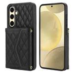 For Samsung Galaxy S24 FE 5G Splicing Rhombic Texture Card Bag Phone Case with Long Lanyard(Black)