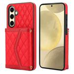 For Samsung Galaxy S24 FE 5G Splicing Rhombic Texture Card Bag Phone Case with Long Lanyard(Red)