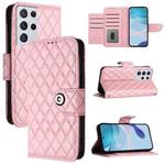 For Samsung Galaxy S21 Ultra 5G Rhombic Texture Flip Leather Phone Case with Lanyard(Pink)