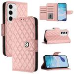 For Samsung Galaxy S24 FE 5G Rhombic Texture Flip Leather Phone Case with Lanyard(Coral Pink)