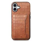 For iPhone 16 Crocodile Texture Card Bag Design Full Coverage Phone Case(Brown)