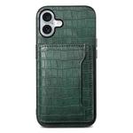 For iPhone 16 Crocodile Texture Card Bag Design Full Coverage Phone Case(Green)