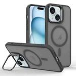For iPhone 15 Plus Magsafe Skin Feel Lens Holder Phone Case(Titanium Black)