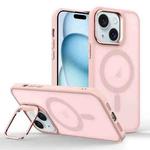 For iPhone 15 Magsafe Skin Feel Lens Holder Phone Case(Pink)