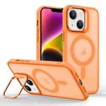 For iPhone 14 Plus Magsafe Skin Feel Lens Holder Phone Case(Orange)