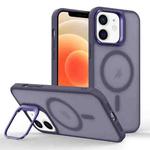 For iPhone 12 Skin Feel Lens Holder Magsafe Phone Case(Deep Purple)