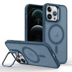 For iPhone 12 Pro Max Skin Feel Lens Holder Magsafe Phone Case(Dark Blue)