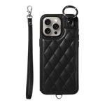 For iPhone 15 Pro Max Rhombic Texture Card Bag Phone Case with Short Lanyard(Black)