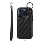 For iPhone 15 Pro Rhombic Texture Card Bag Phone Case with Short Lanyard(Black)