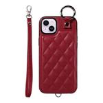 For iPhone 15 Plus / 14 Plus Rhombic Texture Card Bag Phone Case with Short Lanyard(Wine Red)