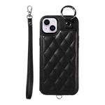 For iPhone 15 Plus / 14 Plus Rhombic Texture Card Bag Phone Case with Short Lanyard(Black)