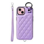 For iPhone 15 Rhombic Texture Card Bag Phone Case with Short Lanyard(Purple)