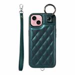 For iPhone 15 Rhombic Texture Card Bag Phone Case with Short Lanyard(Green)