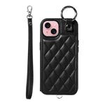 For iPhone 15 Rhombic Texture Card Bag Phone Case with Short Lanyard(Black)