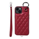 For iPhone 14 Rhombic Texture Card Bag Phone Case with Short Lanyard(Wine Red)