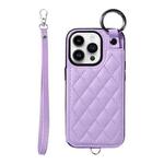 For iPhone 14 Pro Rhombic Texture Card Bag Phone Case with Short Lanyard(Purple)