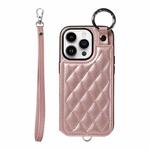 For iPhone 14 Pro Rhombic Texture Card Bag Phone Case with Short Lanyard(Rose Gold)