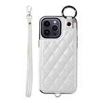 For iPhone 14 Pro Max Rhombic Texture Card Bag Phone Case with Short Lanyard(White)