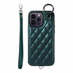 For iPhone 14 Pro Max Rhombic Texture Card Bag Phone Case with Short Lanyard(Green)