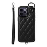 For iPhone 14 Pro Max Rhombic Texture Card Bag Phone Case with Short Lanyard(Black)