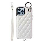 For iPhone 13 Pro Max Rhombic Texture Card Bag Phone Case with Short Lanyard(White)