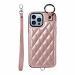 For iPhone 13 Pro Max Rhombic Texture Card Bag Phone Case with Short Lanyard(Rose Gold)