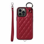 For iPhone 13 Pro Rhombic Texture Card Bag Phone Case with Short Lanyard(Wine Red)